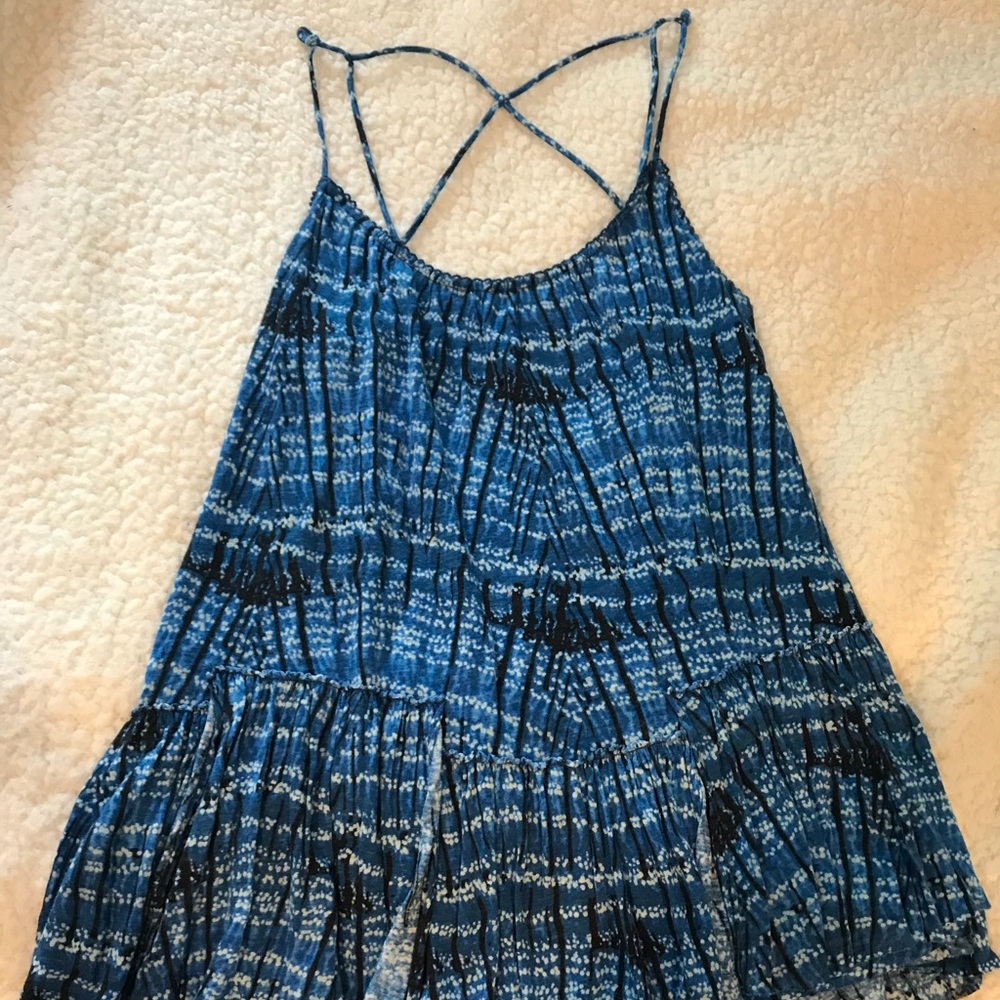 Free People Blue Patterned Spaghetti Strap Tank Top